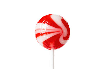 Red and white swirled lollipop on a stick