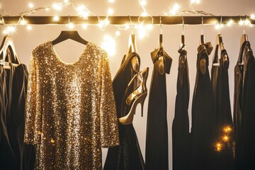 Sparkling sequin dress hangs among elegant black dresses and metallic accessories, creating a glamorous atmosphere with twinkling lights and festive ambiance