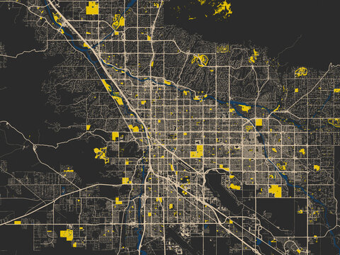 Flat city map of Tucson, Arizona in charcoal base with cream streets