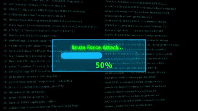 Futuristic cyber Brute Force Attack, interface with digital loading bar, hacking screen elements, floating code, secure system login animation technology background