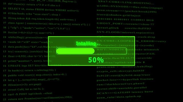 Futuristic cyber Installing interface with digital loading bar, hacking screen elements, floating code, secure system login animation.