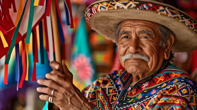 Elderly man in traditional Mexican attire with vibrant embroidered patterns and sombrero