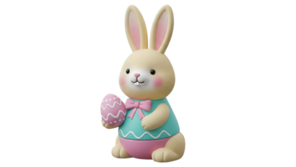 A charming Easter bunny figurine holding an egg Isolated on a transparent background.