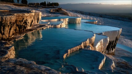 Tranquil blue mineral pools cascade over white terraces in a sunlit natural landscape