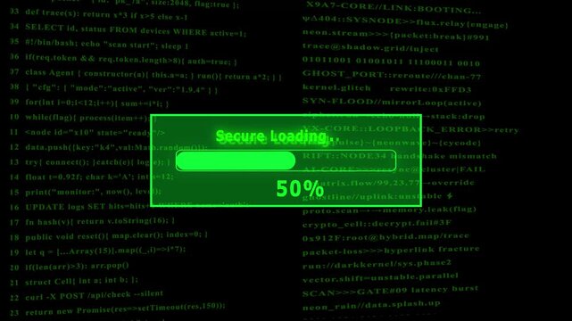 Futuristic cyber Secure loading,  interface with digital loading bar, hacking screen elements, floating code, secure system login animation technology background