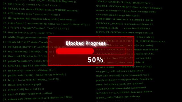 Futuristic cyber-blocked Progress, interface with digital loading bar, hacking screen elements, floating code, secure system login animation.