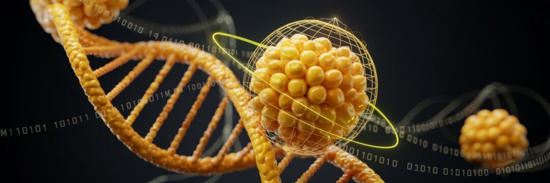 Genetically modified corn cells with DNA strands and digital spheres
- Powered by Adobe