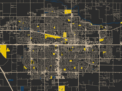 Decorative abstract map of Visalia, California, featuring graphite black base with warm cream road network, signal-yellow open areas and inky blue waterways