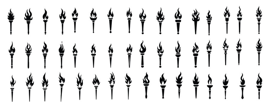 Collection of black torch icons with flames on white background