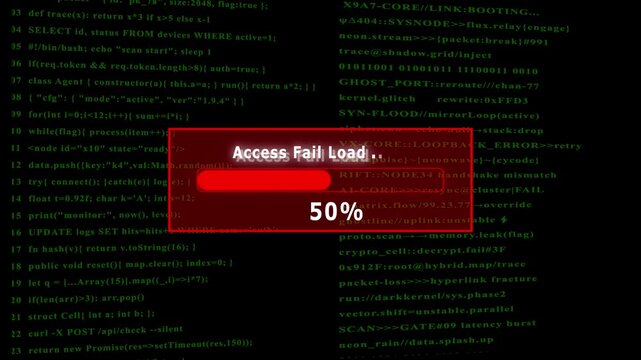 Futuristic cyber access Fail Load, interface with digital loading bar, hacking screen elements, floating code, secure system login animation.