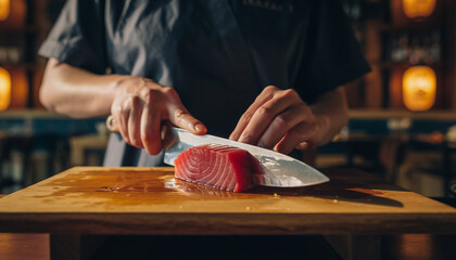 Close-up of a sushi chef carefully slicing a block of fresh tuna on a wooden board in warm Japanese restaurant lighting.