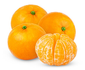 Ripe tangerine or clementine fruits with leaf and mandarin slices on white background.