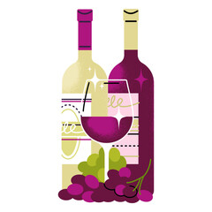 red and white wine bottles with glass and bunch of grapes are drawn in flat style with texture. bright wine tasting poster. stock vector illustration. EPS 10.