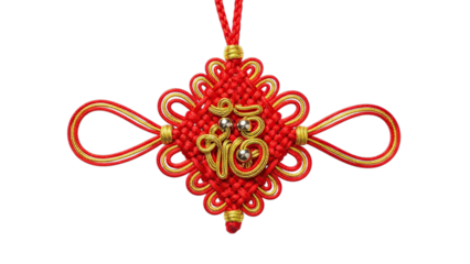 An auspicious Chinese knot with a red and gold design, symbolizing good fortune. The intricate knotwork showcases the cultural significance of the design Isolated on a transparent background.