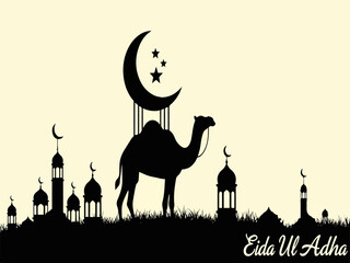 Eid Ul Adha" Islamic Holiday Silhouette Vector with Camel, Mosques, Crescent Moon and Stars
