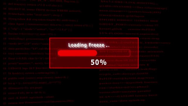 Futuristic cyber Loading Freedge interface with digital loading bar, hacking screen elements, floating code, secure system login animation technology background
