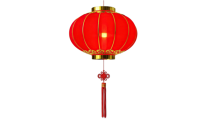 A vibrant red Chinese lantern with golden accents hanging against a blank canvas, radiating festive warmth and cultural richness Isolated on a transparent background.
