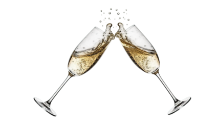 Two Champagne glasses toasting with sparkling liquid and bubbles Isolated on a transparent background.