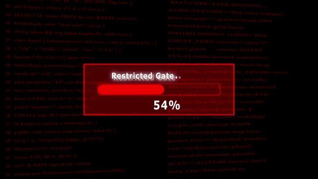 Futuristic cyber Restricted Gate, interface with digital loading bar, hacking screen elements, floating code, secure system login animation technology background
