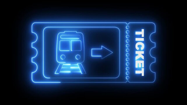 glowing neon Train ticket icon isolated on black background. Train ticket icon animation. neon train ticket with train icon symbol. rail travel pass symbol. Travel by railway. 4k motion video.