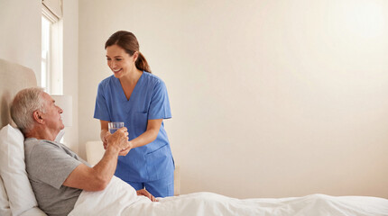 Nurse helps senior in bed, nurse offers glass of water with gentle smile, nurse showing compassion and support for recovery, perfect for nurses day greeting or healthcare promotion, copyspace concept