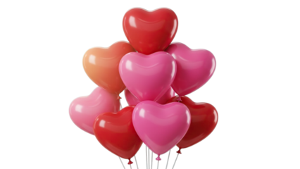 Colorful heart-shaped balloons floating in a beautiful arrangement for a celebration. Each balloon is vibrant and full of love Isolated on a transparent background.