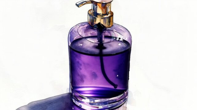 Video A watercolor of a purple bottle with a pump, ideal for use in designs related to beauty products or pharmaceuticals