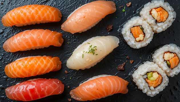 Gourmet fresh salmon sushi rolls on a black plate - Powered by Adobe