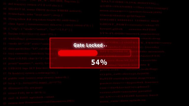 Futuristic cyber Gate Locked, interface with digital loading bar, hacking screen elements, floating code, secure system login animation technology background