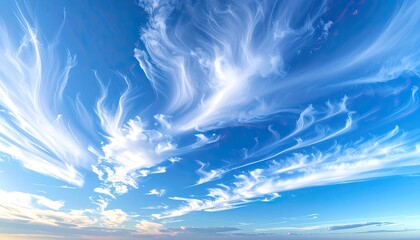 Striking wispy cirrus clouds paint abstract patterns across a vibrant blue sky.