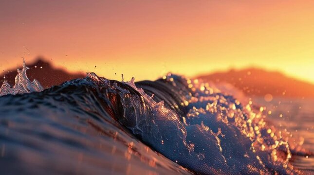 Close-up shot of ocean wave cresting with sunset light reflecting on water surface