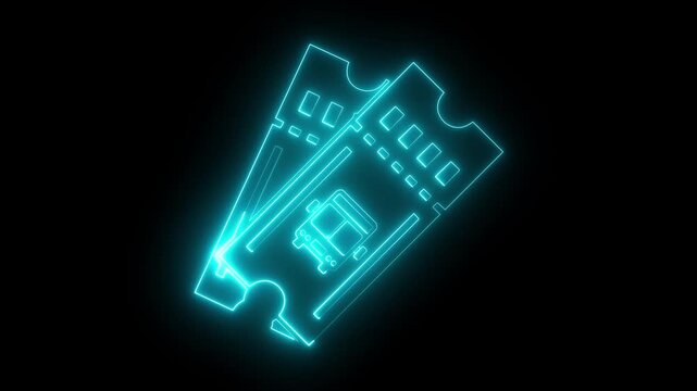 glowing neon Bus ticket icon isolated on black background. Bus ticket icon animation. neon bus ticket with bus icon symbol. Public transport ticket. bus travel pass symbol. 4k motion video.