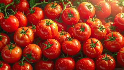 A close-up of vibrant, dew-kissed red tomatoes ready for harvest under warm light.