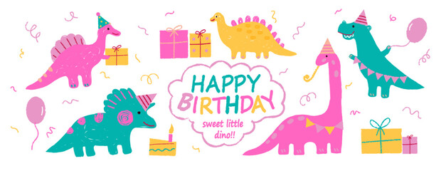 Funny birthday party banner with a cute little dinosaurs. Vector illustration for kids, featuring crayon and pencil doodle sketches. Perfect for creating birthday cards, invitations, and other kids © Liusia Voloshka