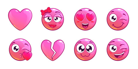 Set of 8 Cute Pink Emoji Expressing Romantic and Love Emotions