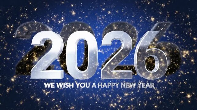 Metallic 2026 celebration text on blue background with sparkling effects