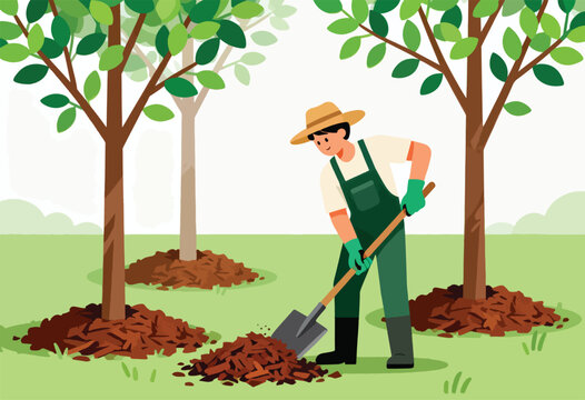 Gardener mulching around trees with a shovel