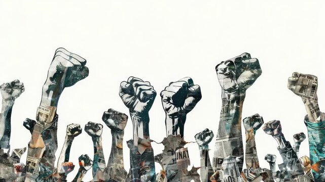 Video A group of people standing together, fists raised in unity and defiance
