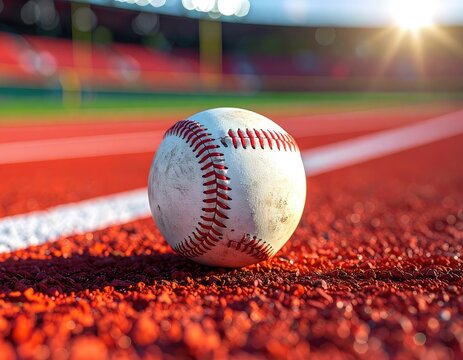 Close-up of a dirty baseball resting on the reddish dirt infield near a white foul line under bright stadium lights.