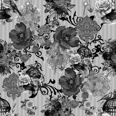 Red rose pattern with a bird print on fabric black and white