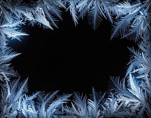 Intricate frost patterns frame a central black void on a window.