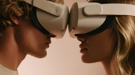 Closeup of young man and woman wearing virtual reality headsets, leaning toward each other in an intimate pose, depicting a romantic virtual date experience.