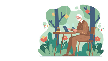 Senior man uses laptop and smartphone in a pleasant outdoor setting Remote work digital life
