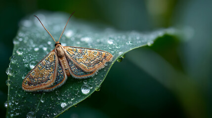 Moth resting dew covered leaf with detailed wing patterns and water droplets, close up shot showing natural textures and vibrant colors
