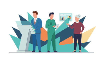 Team of professionals giving a conference presentation with data charts