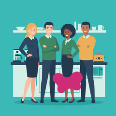 Professional and diverse office colleagues smiling in a modern workplace break area