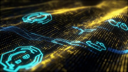 Ideal for technology or futuristic concepts, this image features a digital network or interface with glowing turquoise symbols. Suitable for digital design projects. - Powered by Adobe