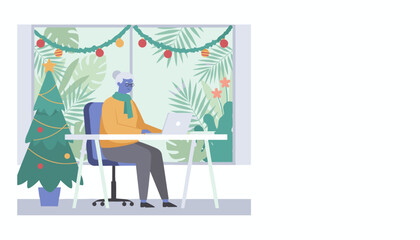 Senior woman working on laptop during Christmas holiday with a tropical view