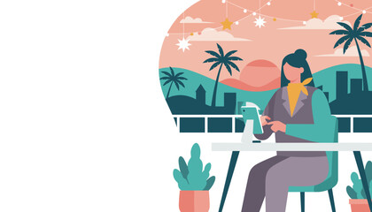 Woman using a tablet outdoors on a city rooftop at sunset combining work and tropical travel