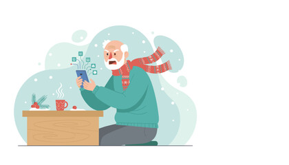 Frustrated grandpa holds phone dealing with information overload in cold weather